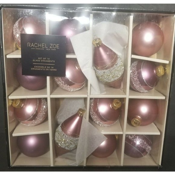 Rachel Zoe Other - New Rachel Zoe Pink Glass Glittery Christmas Ornaments Set Of 14 Sealed in Box